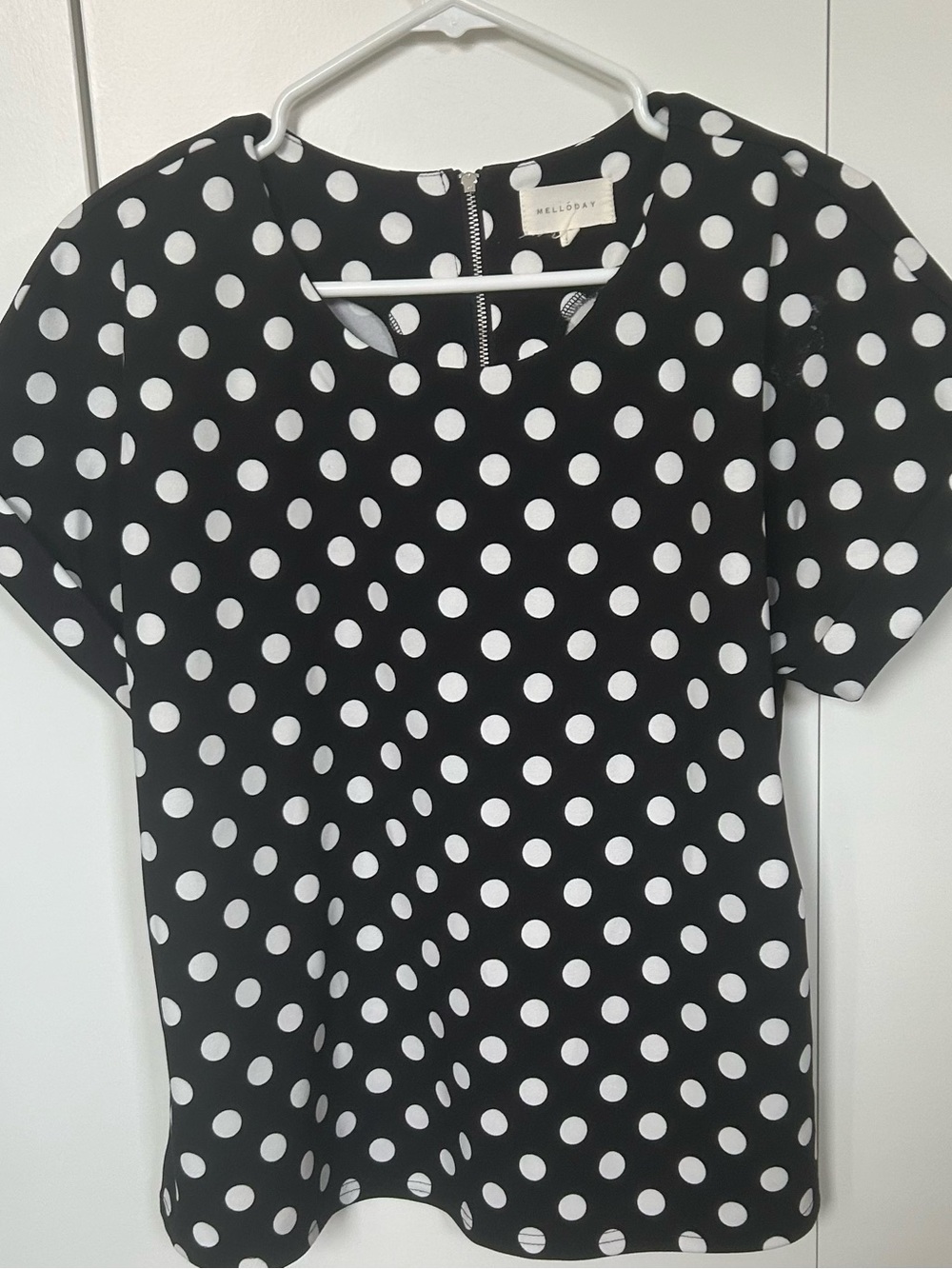 Melloday Black and White Polka Dot Rolled Sleeve Blouse with Zipper in back